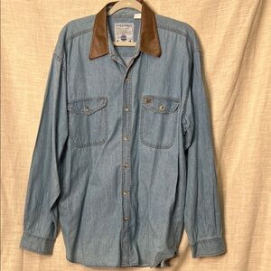 Vintage Coliseum Blues Blue Denim Shirt with Brown Collar size XL